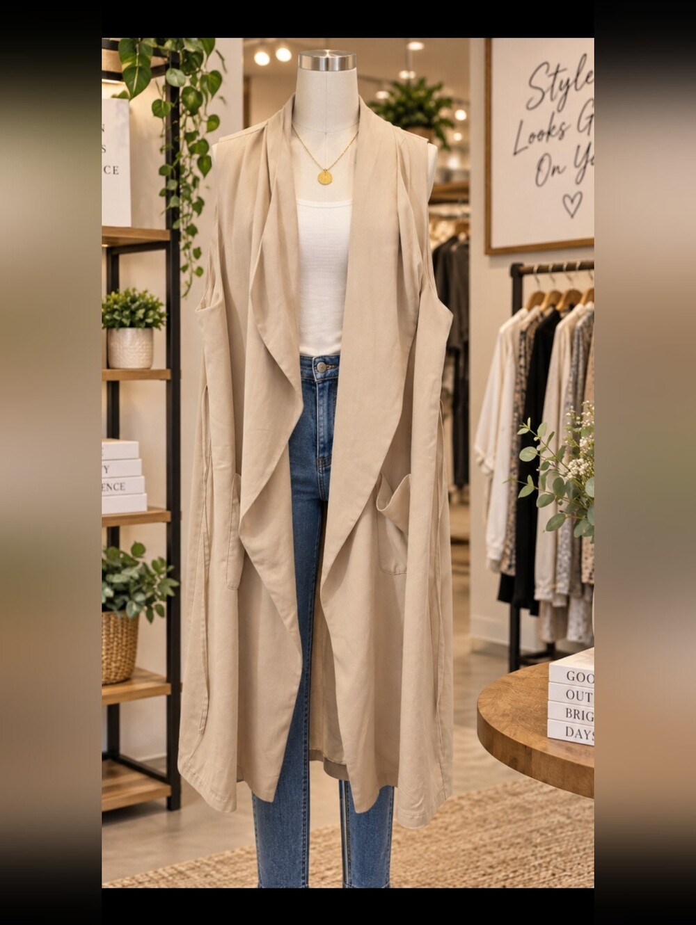 *H&M Long Sleeveless Draped Cardigan Vest in Beige Pit 24